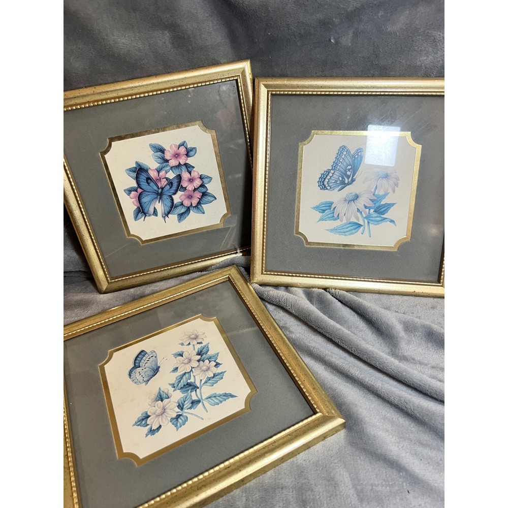 Kirklands Butterfly Floral Framed Wall Art Set 3 Gold Frame Cottagecore 9x9